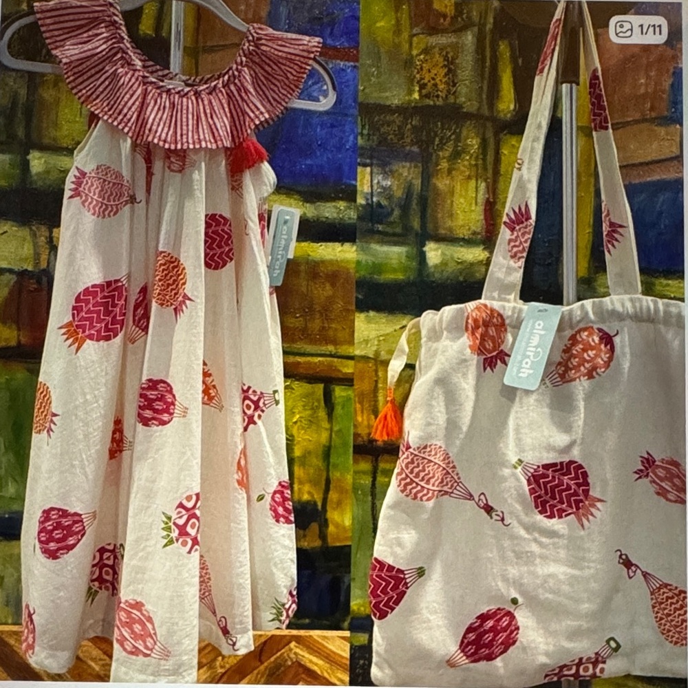 Almirah monkeys pineapple hot air Balloon Print Dress and Tote Set girls size 6Y